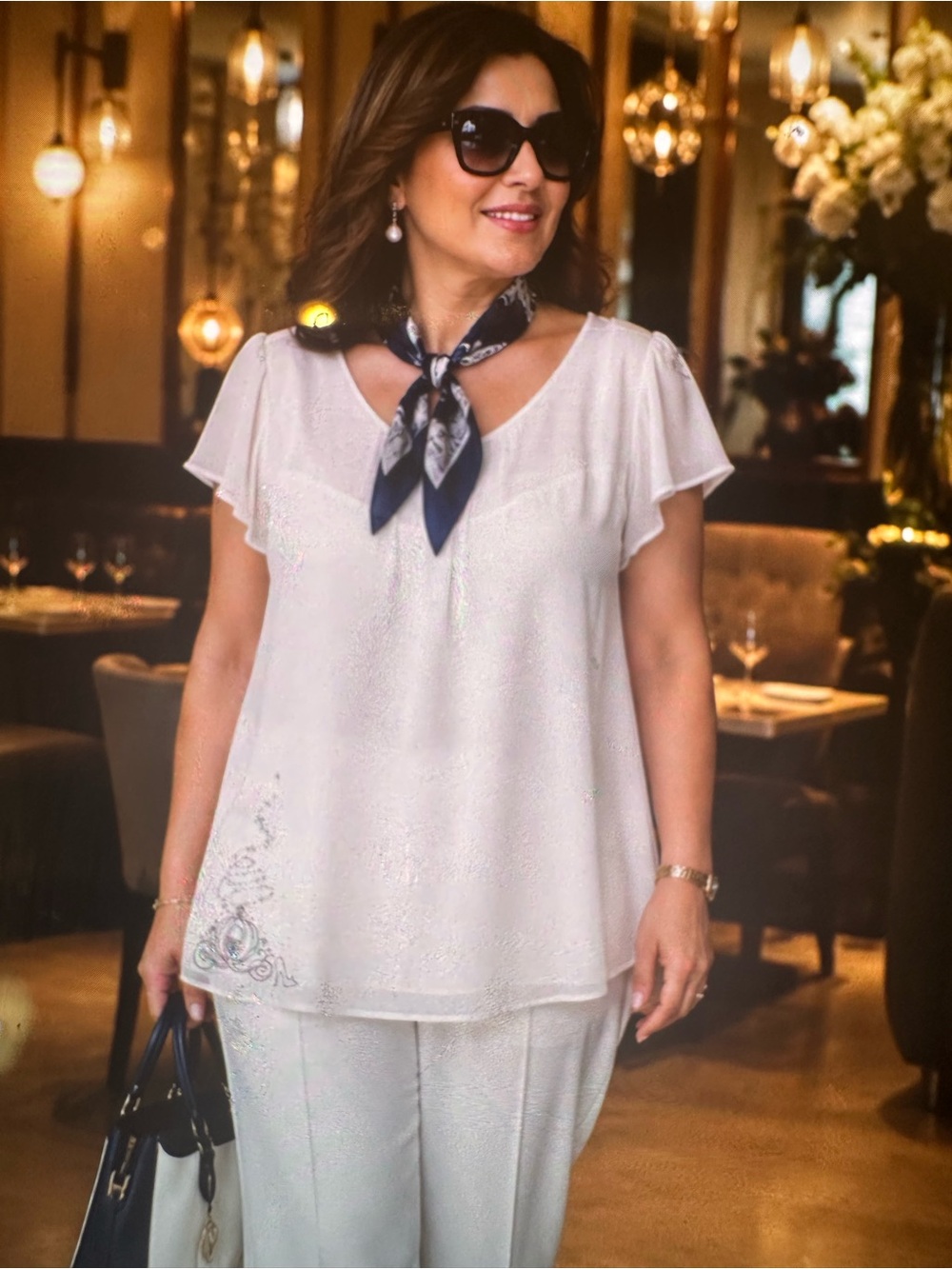 Disney White Short-Sleeve Flutter Blouse with Neck Scarf size 4
